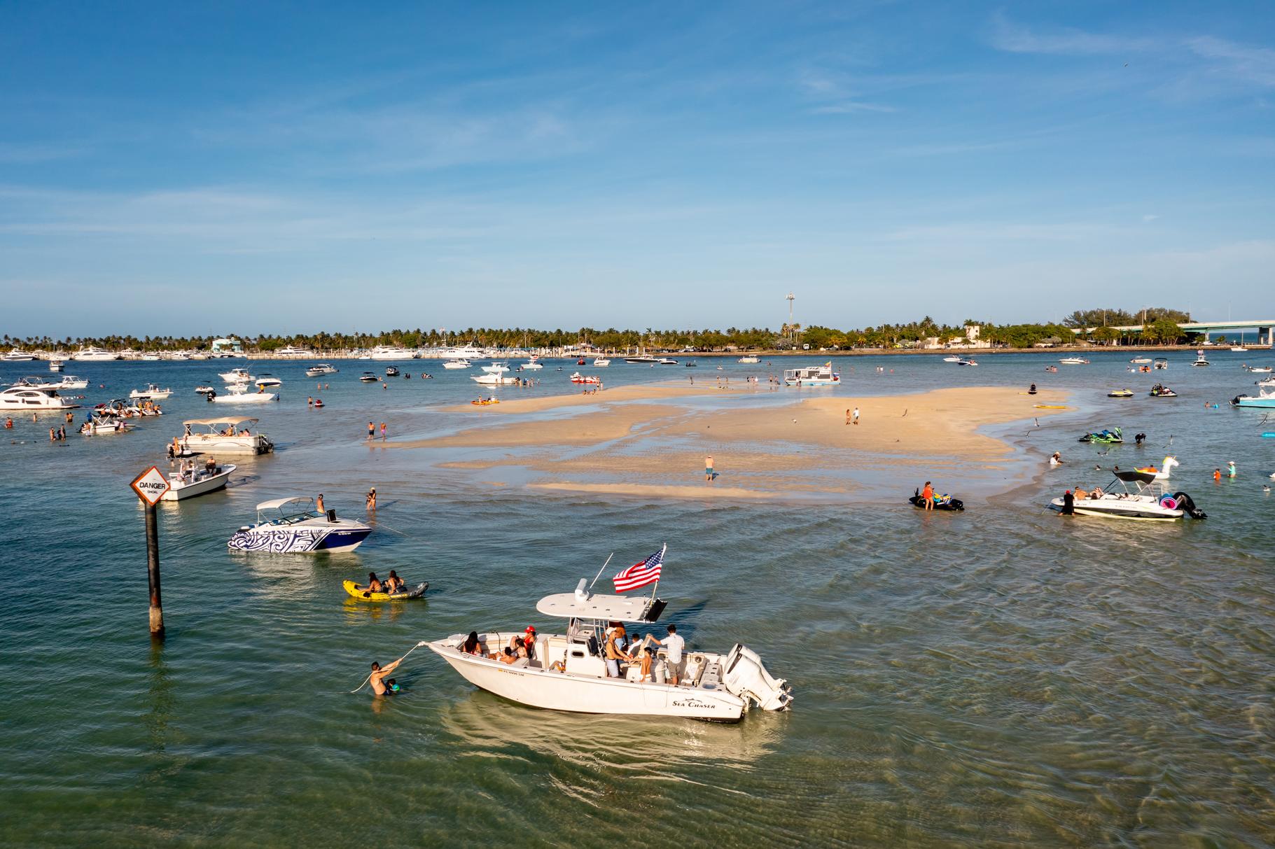 Florida Boats At Sandbar in Miami